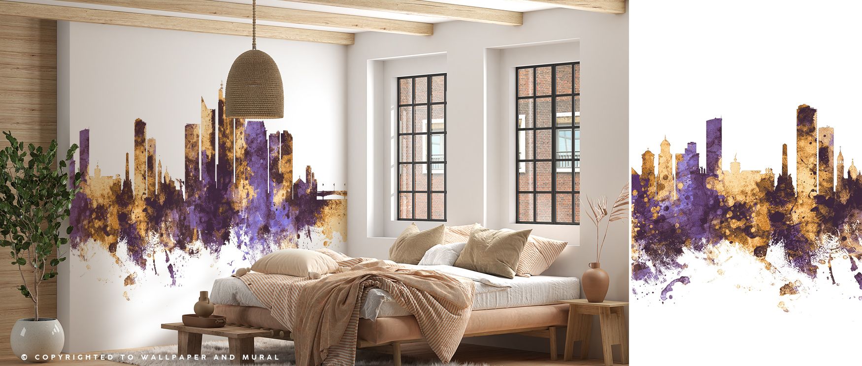 Cultural resonance emerges from the Manila Philippines Skyline Purple & Gold Wallpaper as vibrant hues highlight skyline details, enriching restful bedrooms or creative offices with atmosphere, decorative sophistication, and artistry that glow with elegan