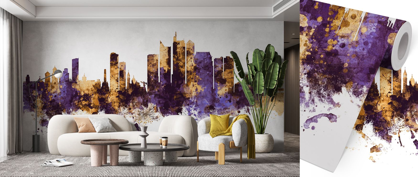 Decorative refinement is conveyed in the Manila Philippines Skyline Purple & Gold Wallpaper as glowing tones highlight contours with precision, enriching restful bedrooms or welcoming living rooms with atmosphere, cultural resonance, and timeless artistry