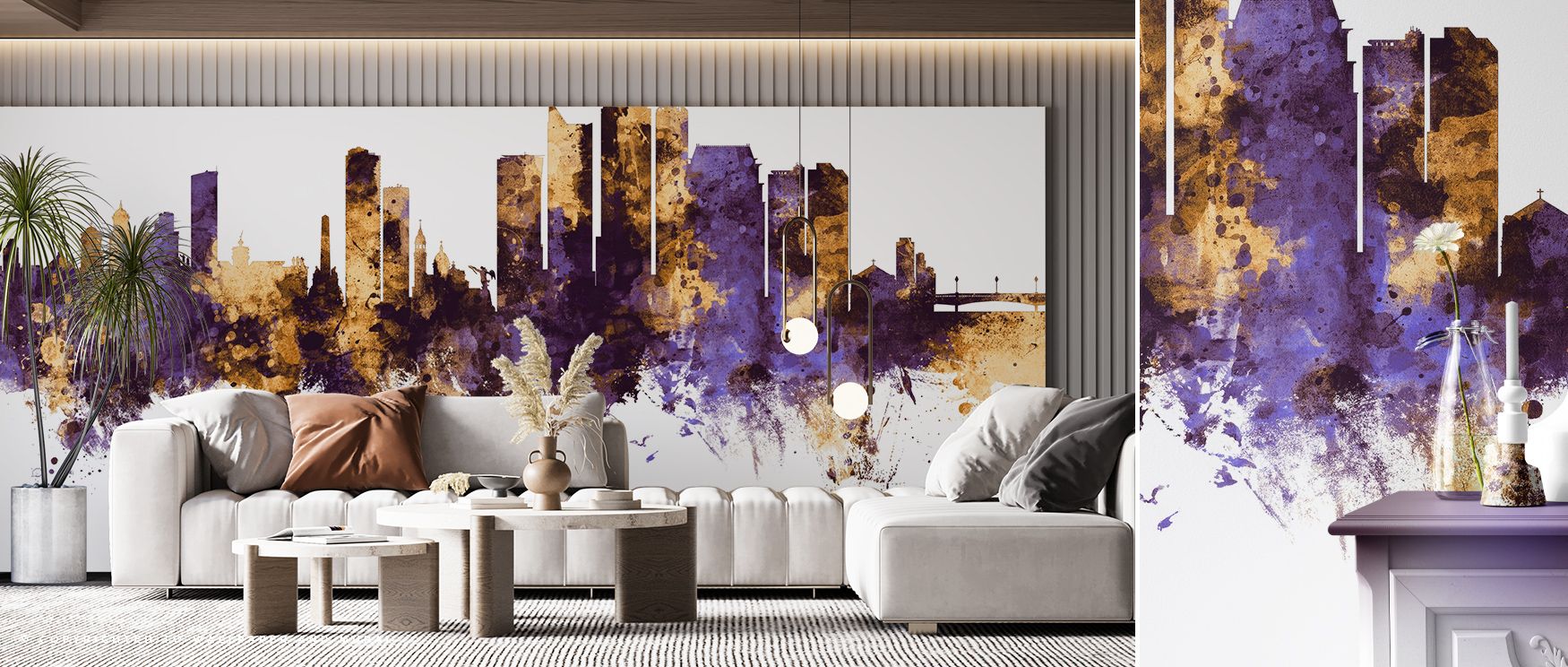 Architectural artistry flourishes in the Manila Philippines Skyline Purple & Gold Wallpaper as radiant hues frame urban silhouettes, enriching restful bedrooms or creative offices with atmosphere, cultural depth, and decorative resonance that glow with re