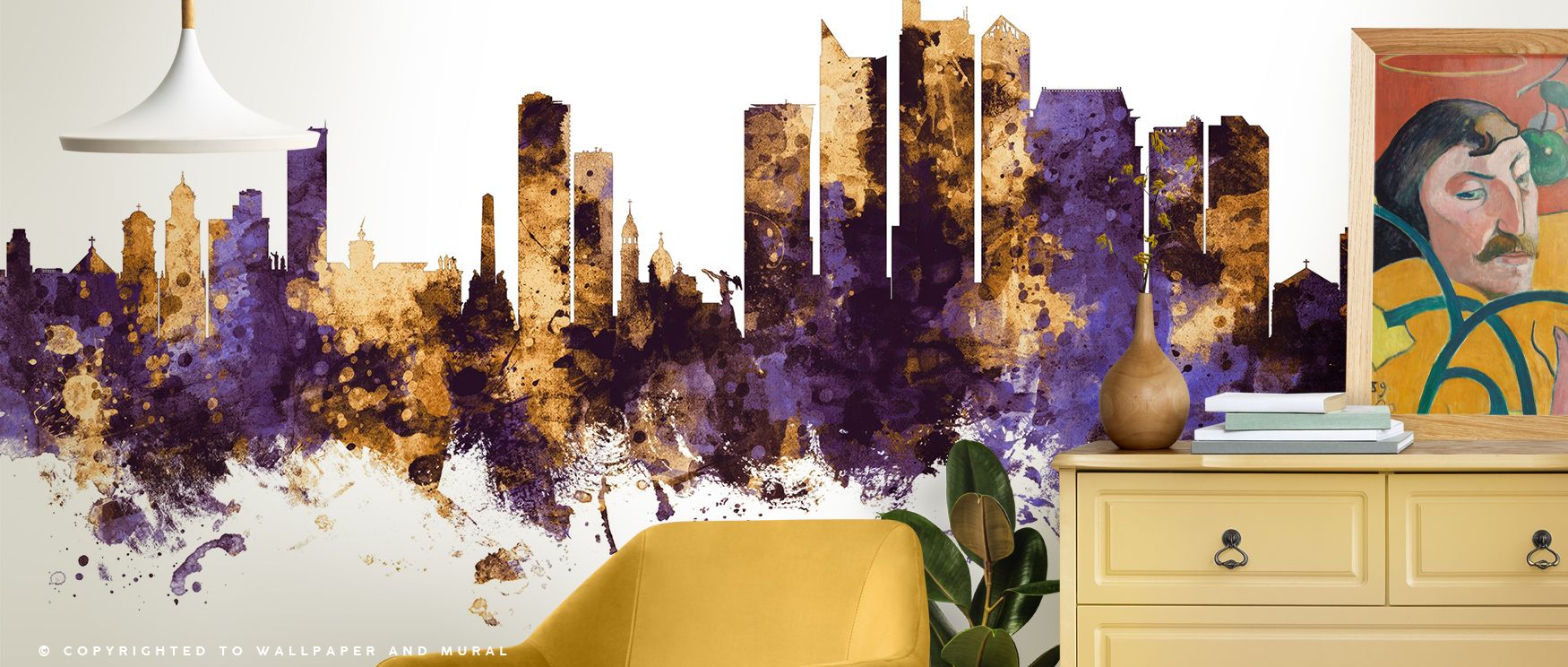 Timeless elegance appears in the Manila Philippines Skyline Purple & Gold Wallpaper as glowing colors enrich city imagery, filling restful bedrooms or stylish offices with atmosphere, decorative resonance, and cultural artistry that sustain refinement. 