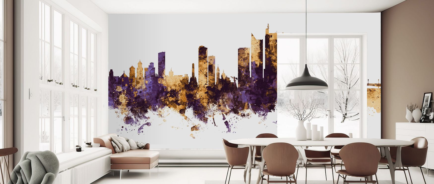 Vibrant contrasts highlight the Manila Philippines Skyline Purple & Gold Wallpaper as radiant tones illuminate skyline details, enriching restful bedrooms or welcoming living rooms with atmosphere, decorative refinement, and cultural resonance that glow w