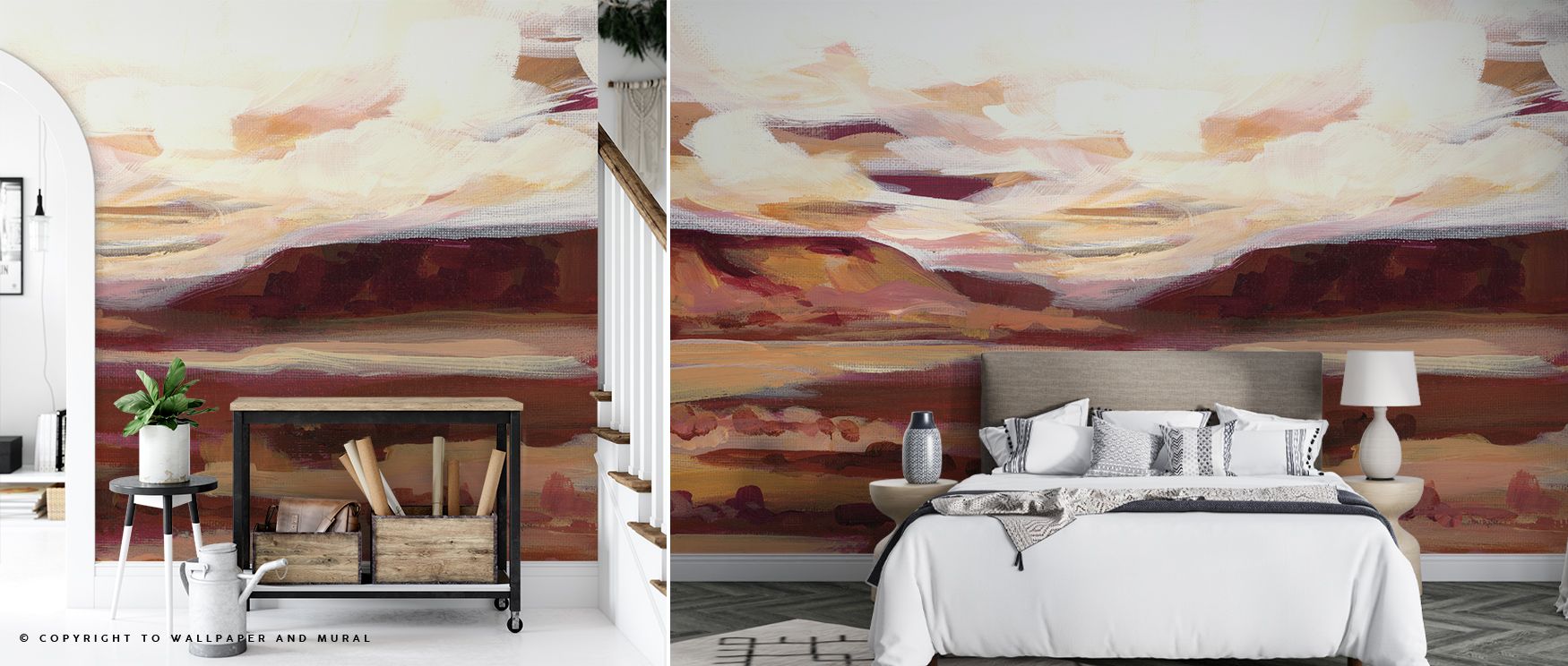 Cultural artistry radiates from the Mauve Mesa II Wallpaper as hues balance warmth with vibrancy, enriching restful bedrooms or stylish offices with atmosphere, decorative refinement, and timeless resonance that glow with sophistication. 