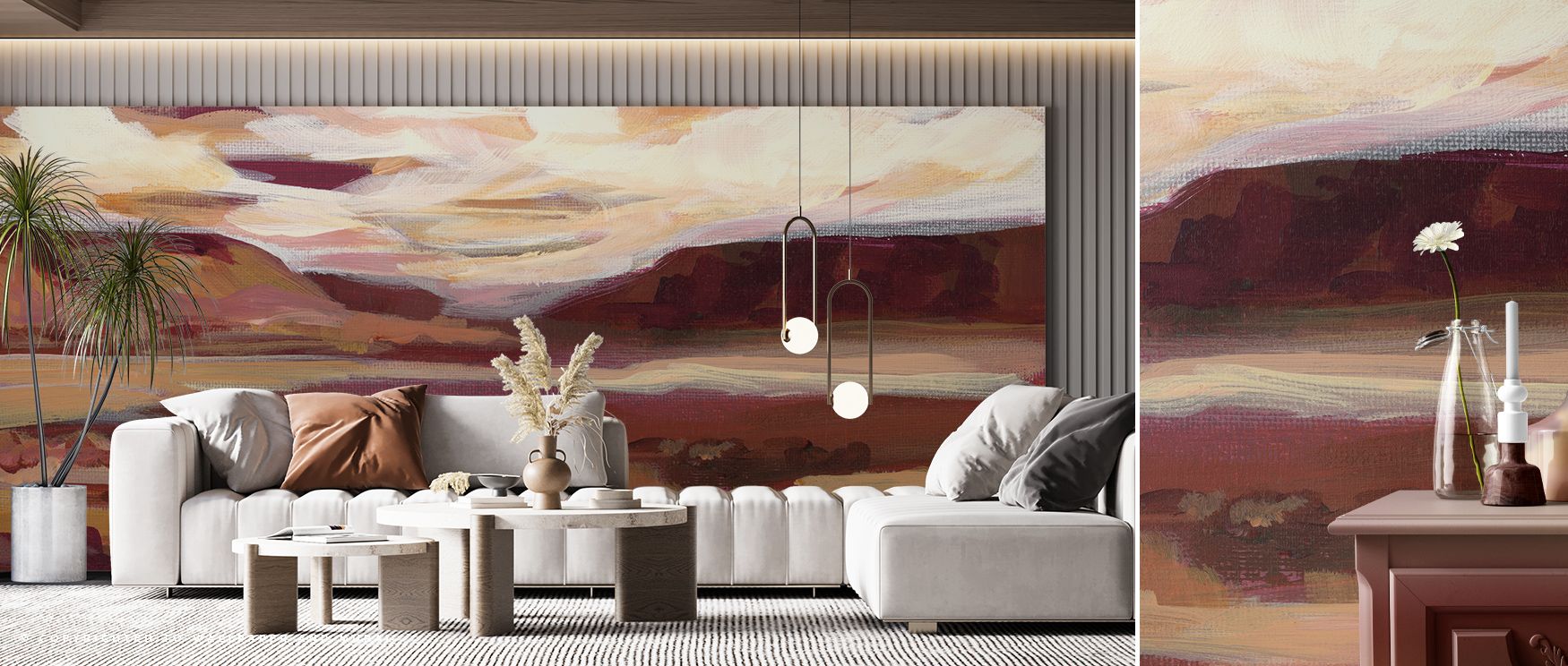 Luminous elegance characterizes the Mauve Mesa II Wallpaper as tones enrich interiors with subtle brilliance, enhancing restful bedrooms or welcoming living rooms with atmosphere, decorative refinement, and artistic resonance that sustain sophistication. 