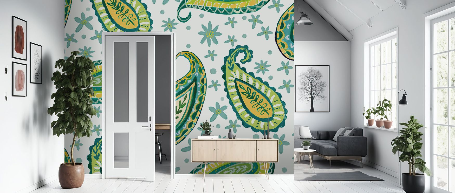 Luminous elegance radiates from the Mellow Paisley White Wallpaper as delicate forms enrich interiors, enhancing restful bedrooms or lively living rooms with atmosphere, decorative resonance, and cultural artistry that glow with refinement. 