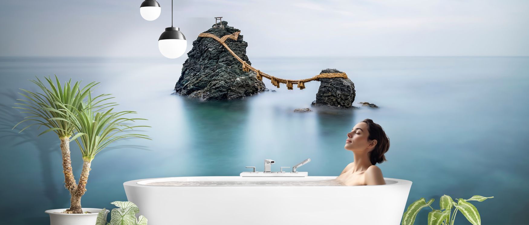 Bold artistry characterizes the Meoto Iwa Rocks Wallpaper as natural contours enrich walls with rhythm, enhancing restful bedrooms or lively offices with atmosphere, cultural resonance, and decorative refinement that glow with sophistication. 