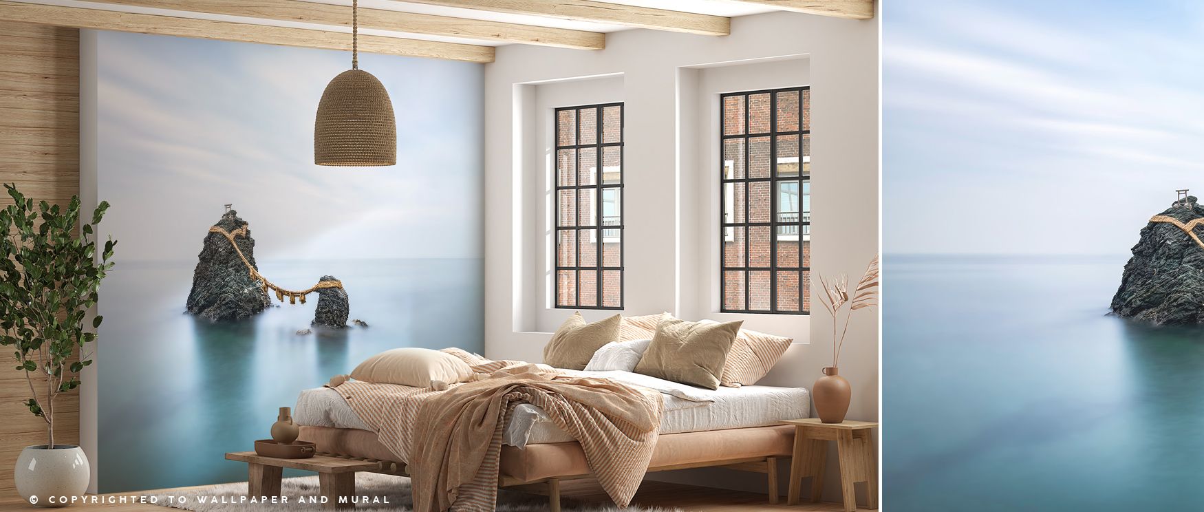 Decorative refinement flourishes in the Meoto Iwa Rocks Wallpaper as natural detail enriches imagery with charm, enriching restful bedrooms or inviting living rooms with atmosphere, cultural resonance, and artistic resonance that glow with timeless elegan