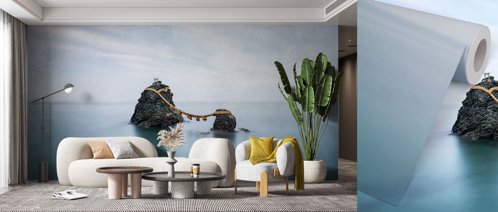 Artistic resonance flows across the Meoto Iwa Rocks Wallpaper as contours sustain rhythm, enriching restful bedrooms or creative offices with atmosphere, decorative refinement, and cultural resonance that glow with sophistication. 