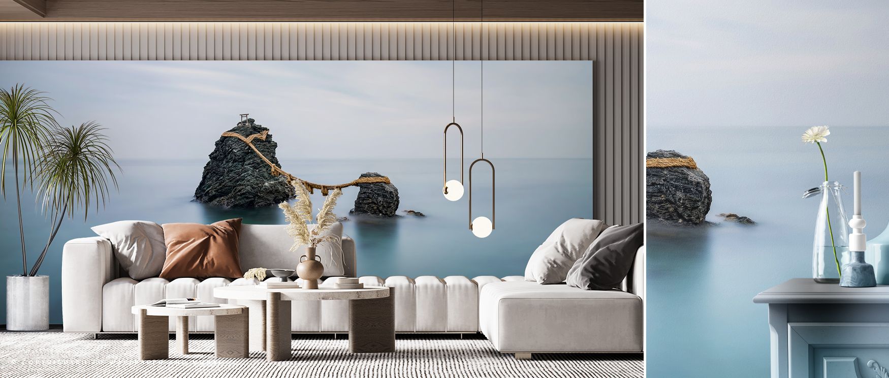 Luminous elegance appears in the Meoto Iwa Rocks Wallpaper as natural imagery enriches interiors, enhancing restful bedrooms or lively living rooms with atmosphere, cultural refinement, and decorative resonance that glow with balance. 