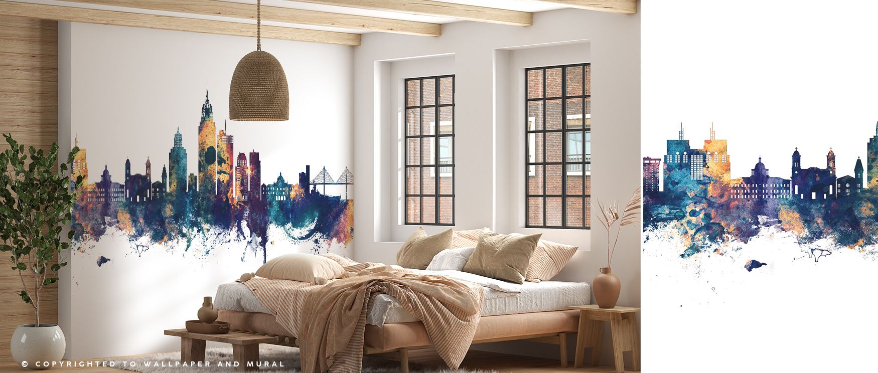 Distinct brilliance defines the Mobile Alabama Skyline Blue & Bronze Wallpaper as urban contours shine with vibrancy, enriching restful bedrooms or lively offices with atmosphere, decorative refinement, and cultural resonance that glow with balance. 
