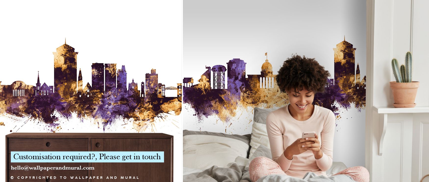 Decorative harmony emerges in the Montgomery Alabama Skyline Purple & Gold Wallpaper as purple and gold tones sustain imagery, enriching restful bedrooms or inviting living rooms with atmosphere, cultural resonance, and artistic refinement that glow with 
