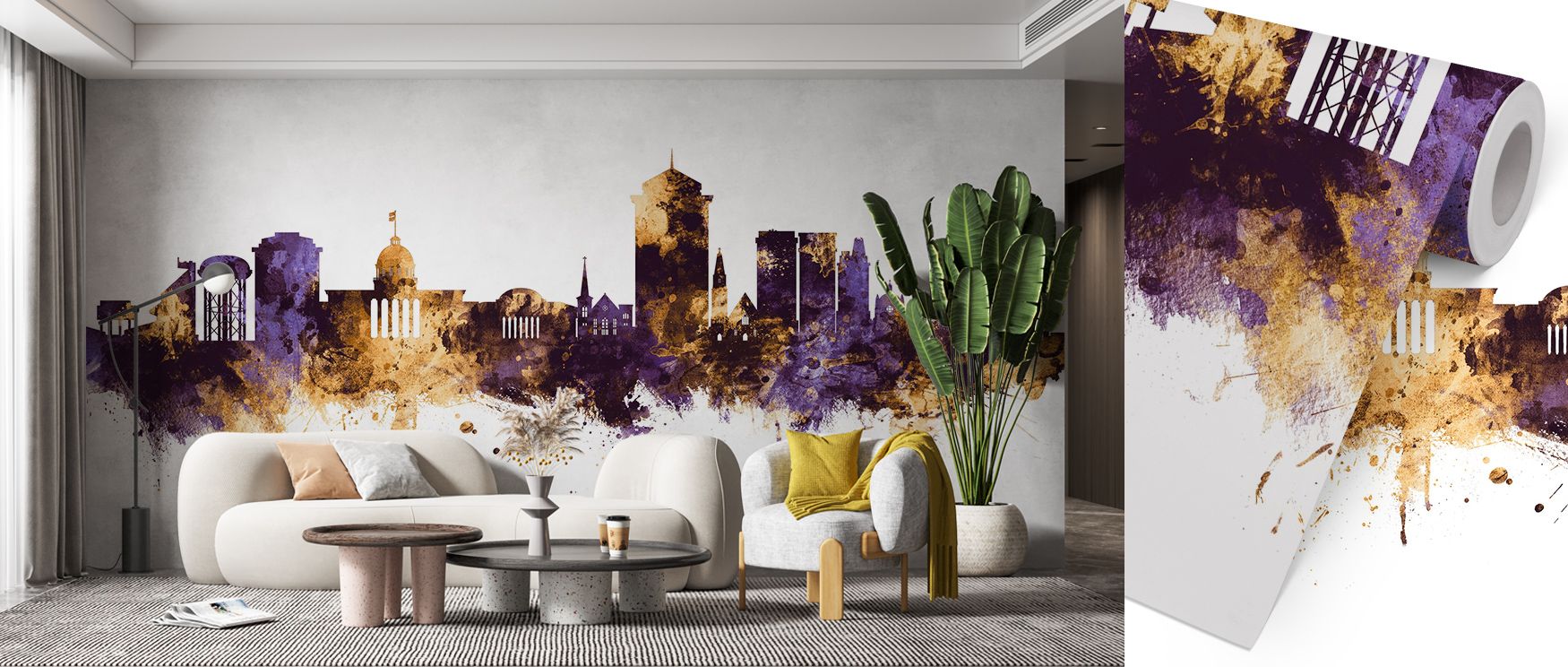 Distinct brilliance appears in the Montgomery Alabama Skyline Purple & Gold Wallpaper as radiant hues enrich walls with character, enriching restful bedrooms or welcoming living rooms with atmosphere, cultural resonance, and decorative refinement that glo
