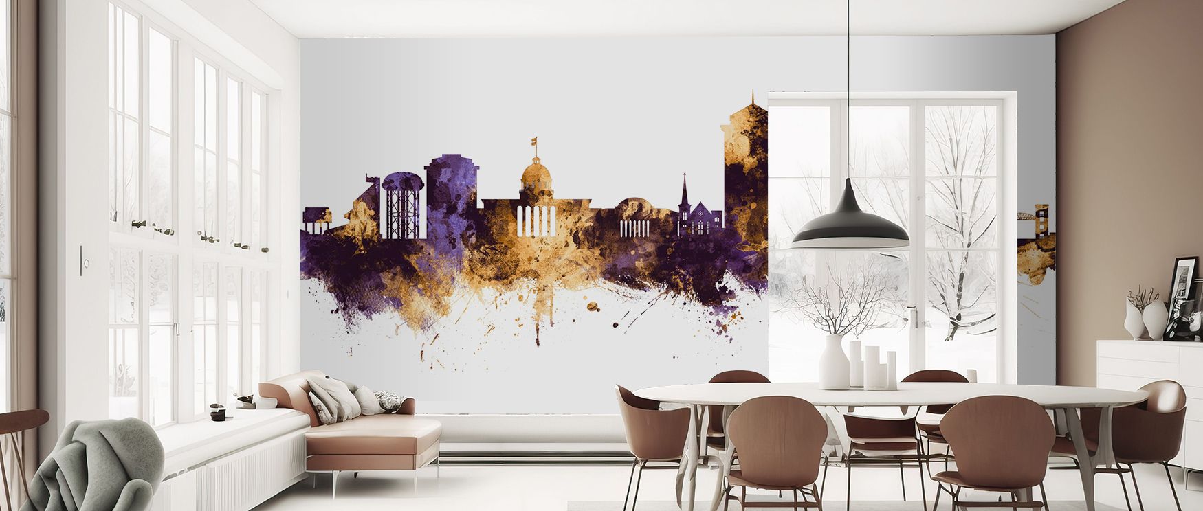 Distinct elegance characterizes the Montgomery Alabama Skyline Purple & Gold Wallpaper as imagery enriches interiors with depth, filling restful bedrooms or inviting living rooms with atmosphere, cultural resonance, and decorative refinement that glow wit