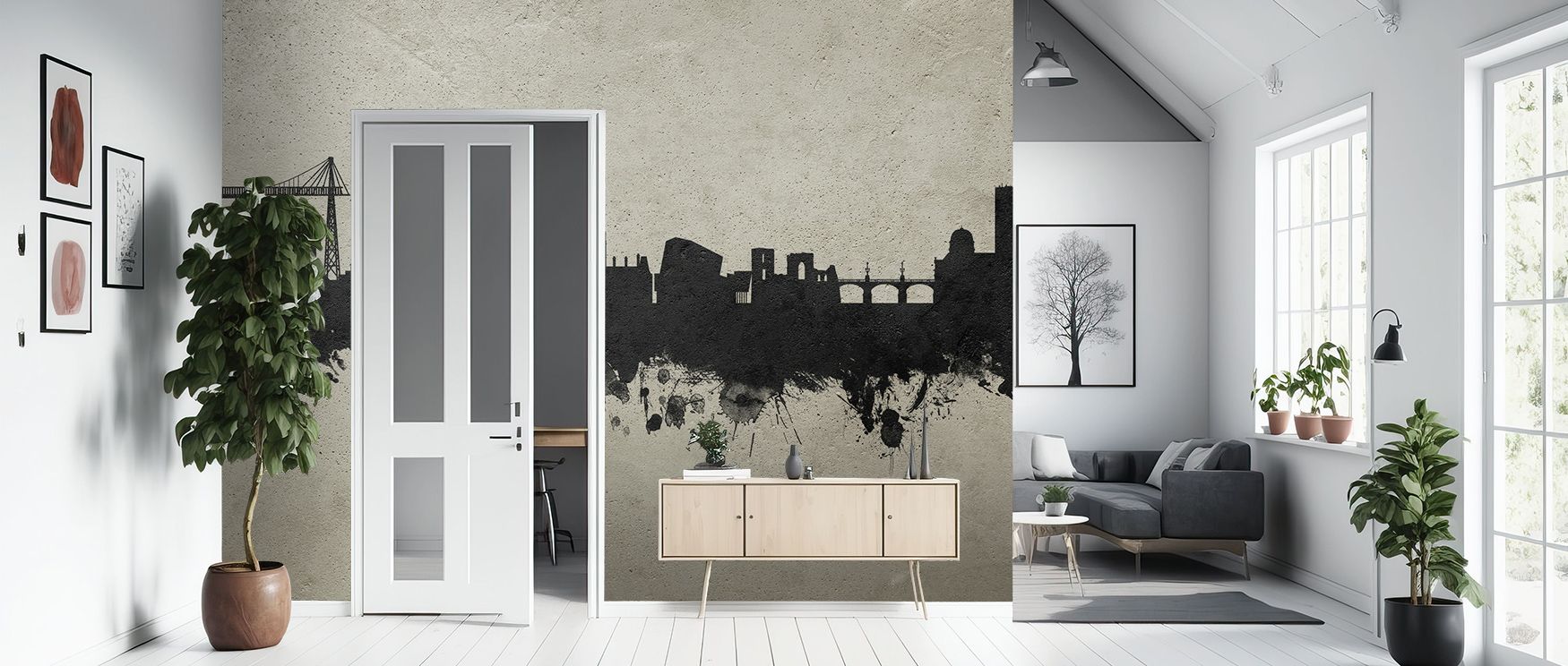 Luminous elegance defines the Newport Wales Skyline Concrete Wallpaper as imagery enriches interiors with charm, enriching restful bedrooms or lively living rooms with atmosphere, cultural resonance, and decorative refinement that glow with sophistication