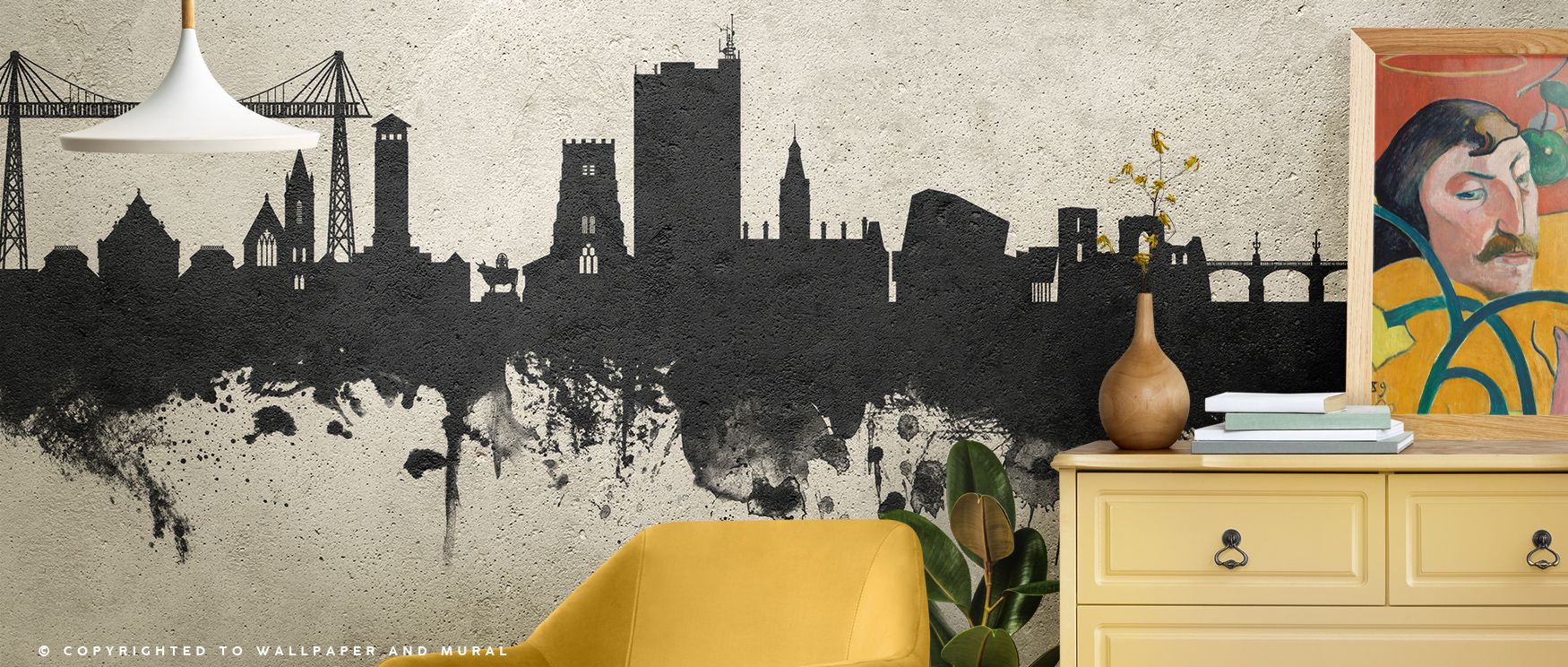 Timeless artistry is conveyed in the Newport Wales Skyline Concrete Wallpaper as architectural imagery sustains depth, enriching restful bedrooms or stylish offices with atmosphere, cultural resonance, and decorative refinement that glow with balance. 