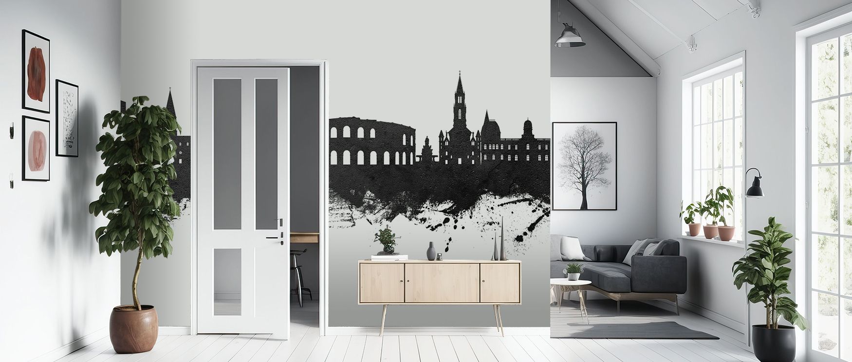 Luminous refinement defines the Nîmes France Skyline Black & White Wallpaper as monochrome imagery enriches design, enhancing restful bedrooms or lively living rooms with atmosphere, cultural resonance, and decorative resonance that glow with sophisticati