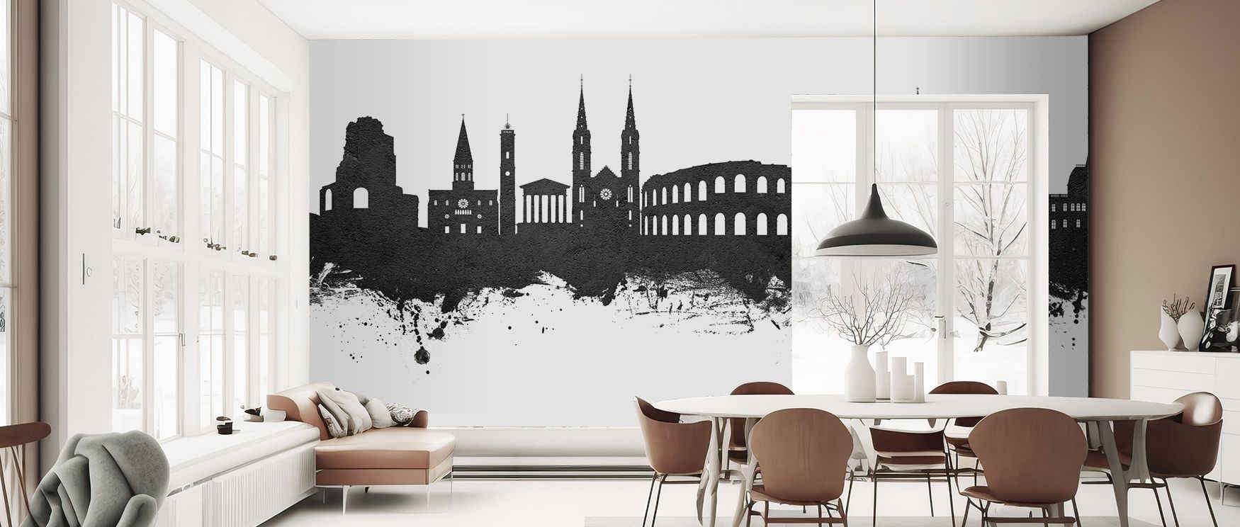 Distinct elegance radiates from the Nîmes France Skyline Black & White Wallpaper as imagery sustains resonance, filling restful bedrooms or inviting living rooms with atmosphere, cultural resonance, and decorative refinement that glow with sophistication.