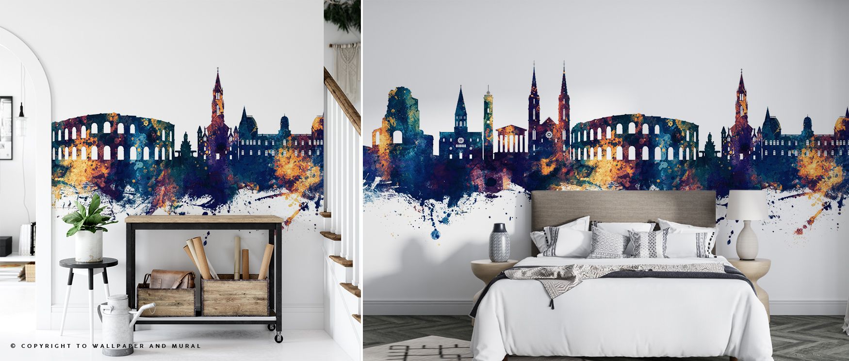 Cultural brilliance radiates from the Nîmes France Skyline Blue & Bronze Wallpaper as tones highlight resonance, enriching restful bedrooms or stylish offices with atmosphere, decorative refinement, and timeless artistry that glow with sophistication. 