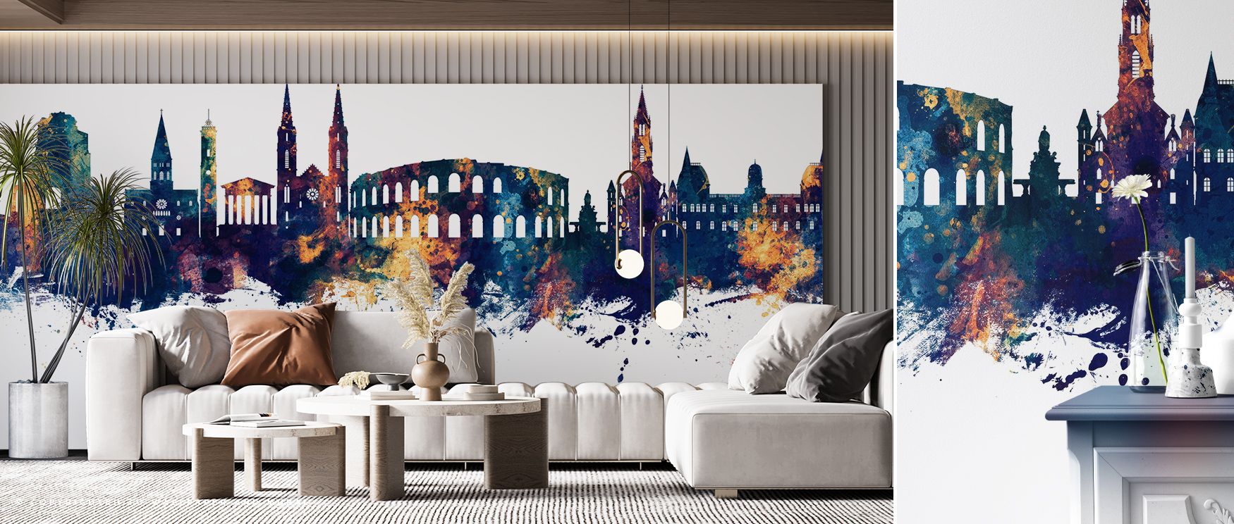 Luminous elegance characterizes the Nîmes France Skyline Blue & Bronze Wallpaper as contours sustain vibrancy, enriching restful bedrooms or creative offices with atmosphere, cultural resonance, and decorative refinement that glow with sophistication. 