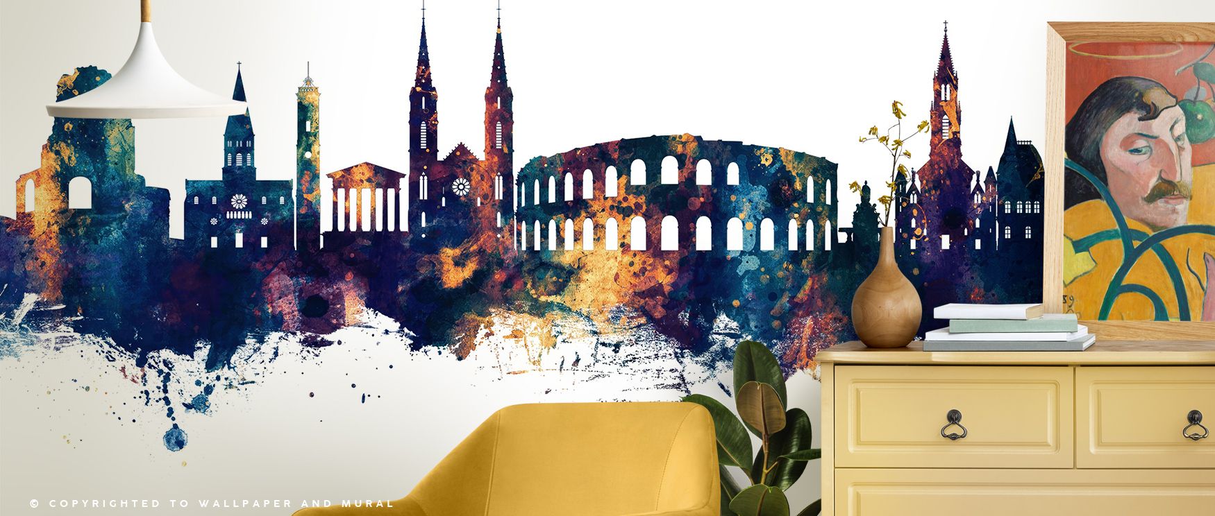 Distinct brilliance flows through the Nîmes France Skyline Blue & Bronze Wallpaper as tones enrich surfaces with depth, enhancing restful bedrooms or stylish offices with atmosphere, cultural resonance, and decorative refinement that glow with sophisticat