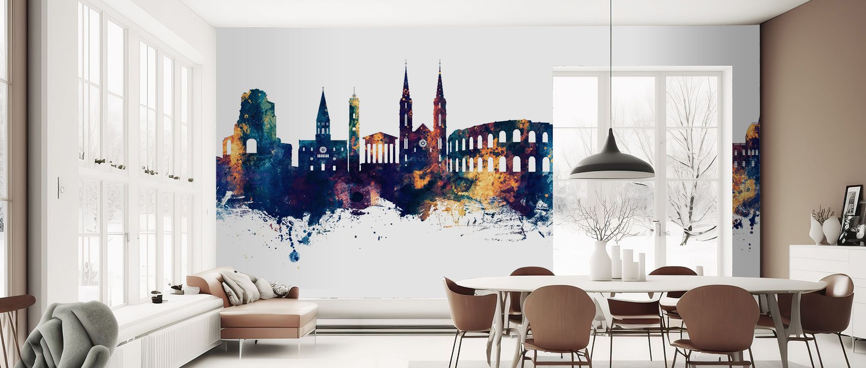 Decorative harmony emerges in the Nîmes France Skyline Blue & Bronze Wallpaper as luminous imagery sustains rhythm, enriching restful bedrooms or inviting living rooms with atmosphere, cultural resonance, and decorative refinement that glow with artistry.