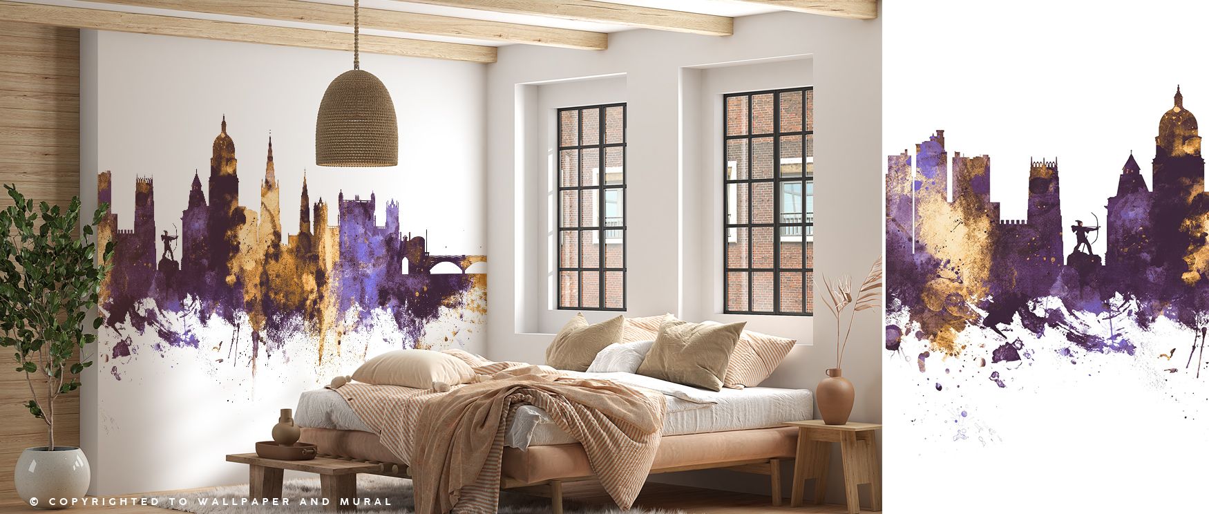 Bold artistry is conveyed in the Nottingham England Skyline Purple & Gold Wallpaper as contours highlight rhythm, enriching restful bedrooms or lively offices with atmosphere, decorative resonance, and cultural refinement that glow with sophistication. 