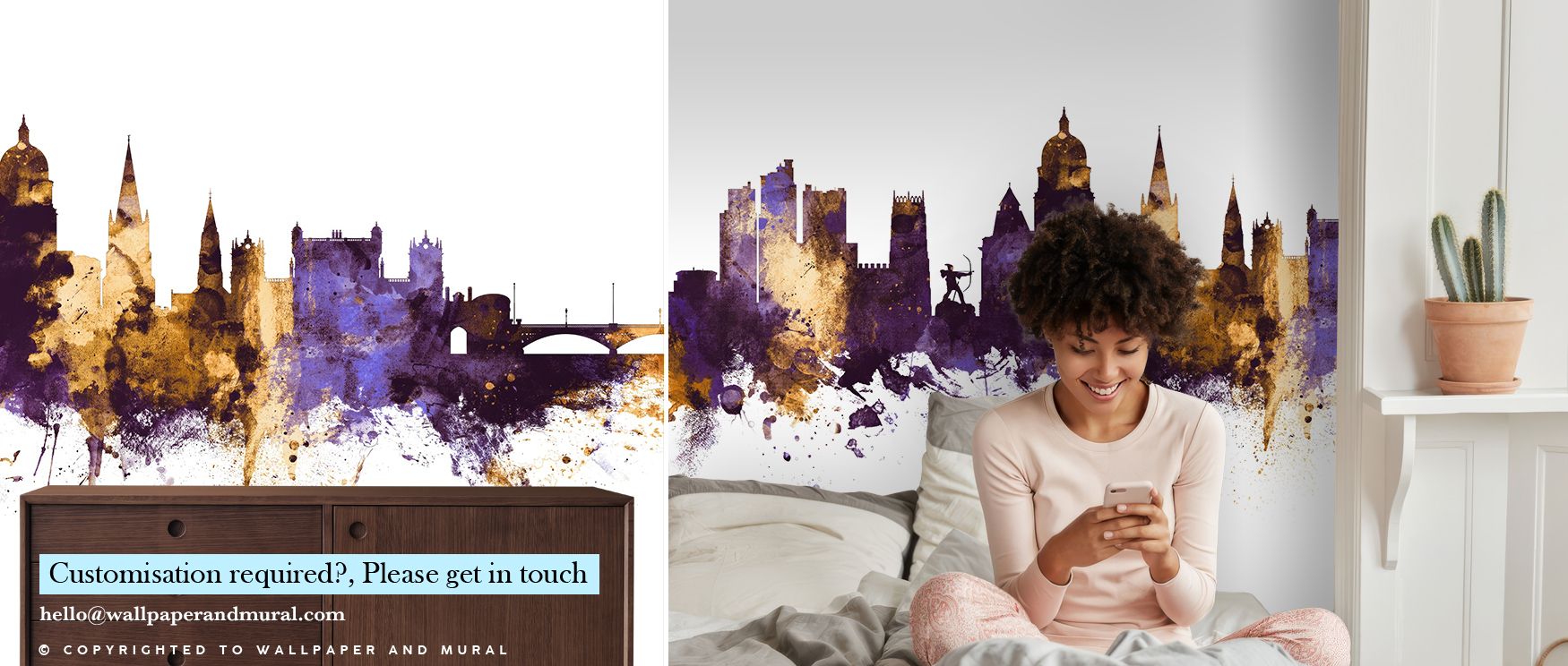 Decorative refinement flourishes in the Nottingham England Skyline Purple & Gold Wallpaper as luminous tones sustain depth, enriching restful bedrooms or inviting living rooms with atmosphere, cultural resonance, and artistic resonance that glow with eleg