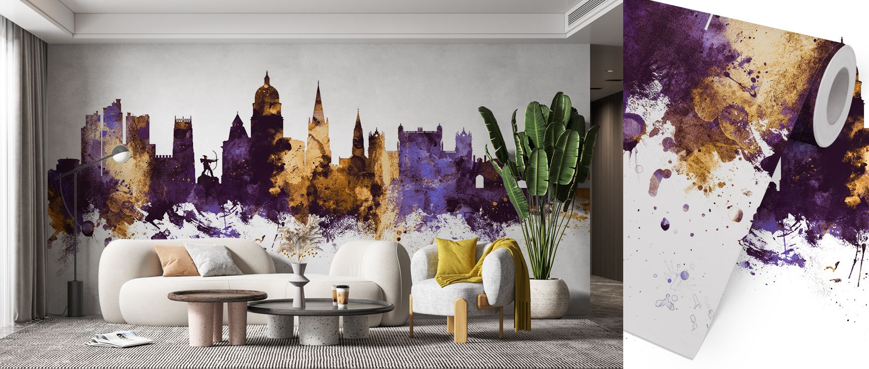 Cultural artistry radiates from the Nottingham England Skyline Purple & Gold Wallpaper as vibrant tones enrich imagery, enriching restful bedrooms or welcoming living rooms with atmosphere, decorative refinement, and timeless artistry that glow with elega