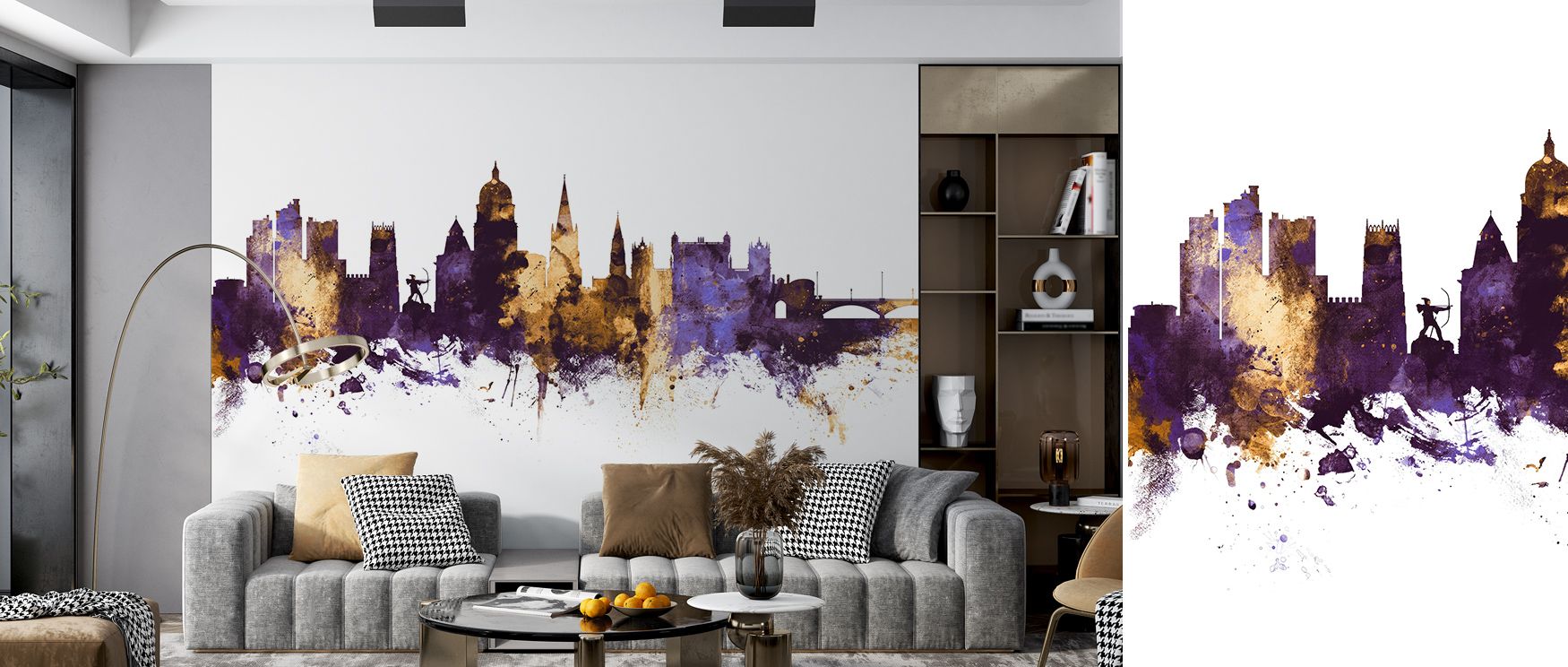 Distinct refinement is displayed in the Nottingham England Skyline Purple & Gold Wallpaper as imagery enriches design with vibrancy, filling restful bedrooms or inviting living rooms with atmosphere, cultural resonance, and decorative refinement that glow