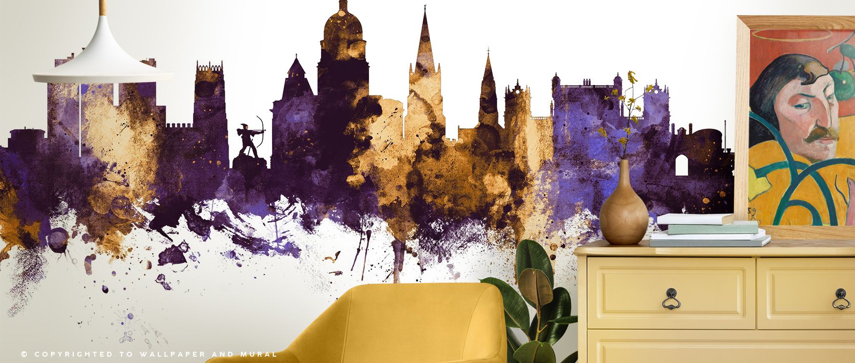 Luminous brilliance characterizes the Nottingham England Skyline Purple & Gold Wallpaper as contours enrich interiors with artistry, enhancing restful bedrooms or lively living rooms with atmosphere, cultural resonance, and decorative refinement that glow