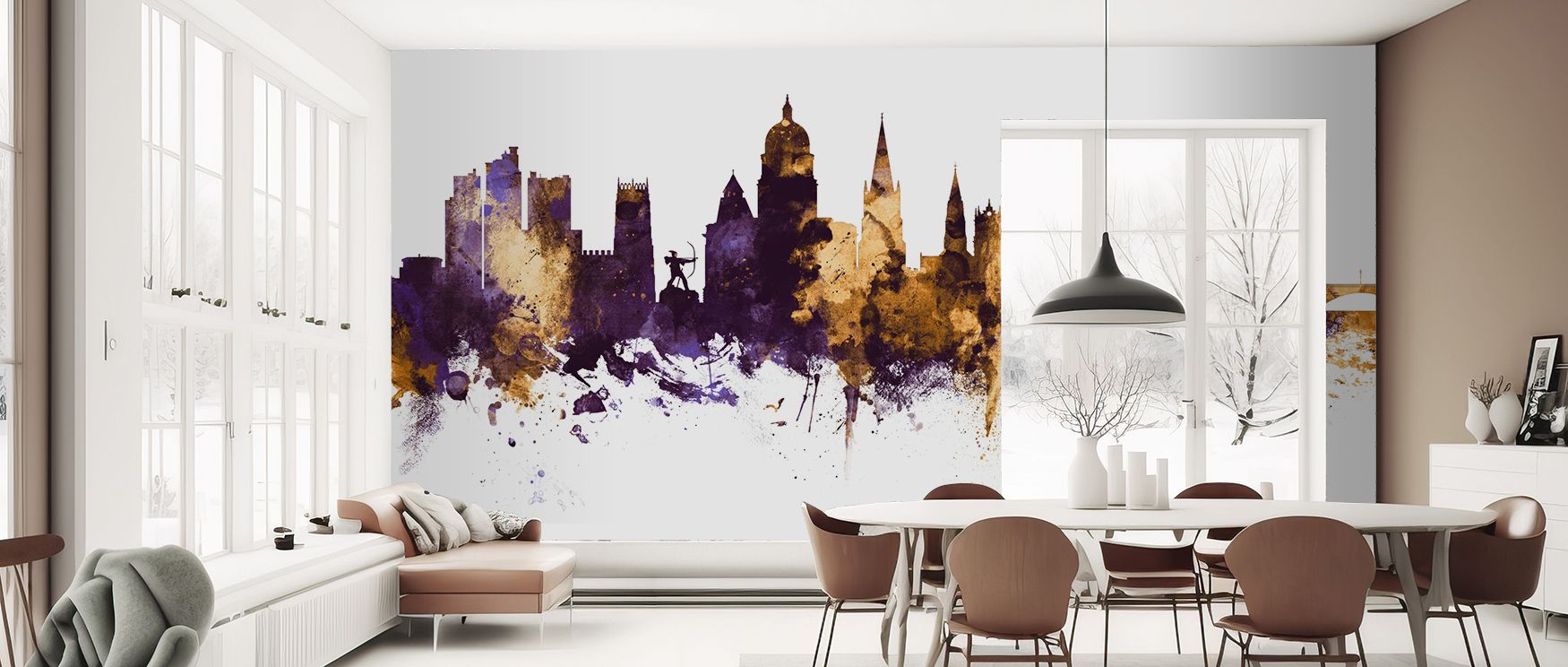 Timeless sophistication is conveyed in the Nottingham England Skyline Purple & Gold Wallpaper as architectural tones sustain resonance, enriching restful bedrooms or stylish offices with atmosphere, cultural resonance, and decorative refinement that glow 