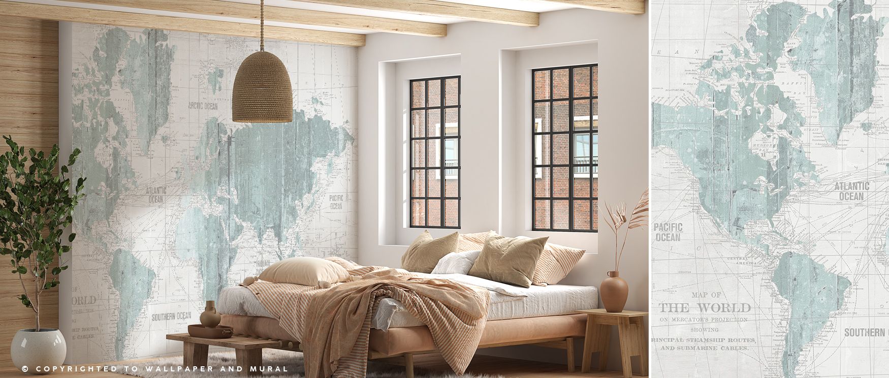 Bold resonance flourishes in the Old World Map Mint Gray Wallpaper as muted tones highlight artistry, enhancing restful bedrooms or lively offices with atmosphere, decorative resonance, and cultural resonance that glow with elegance. 