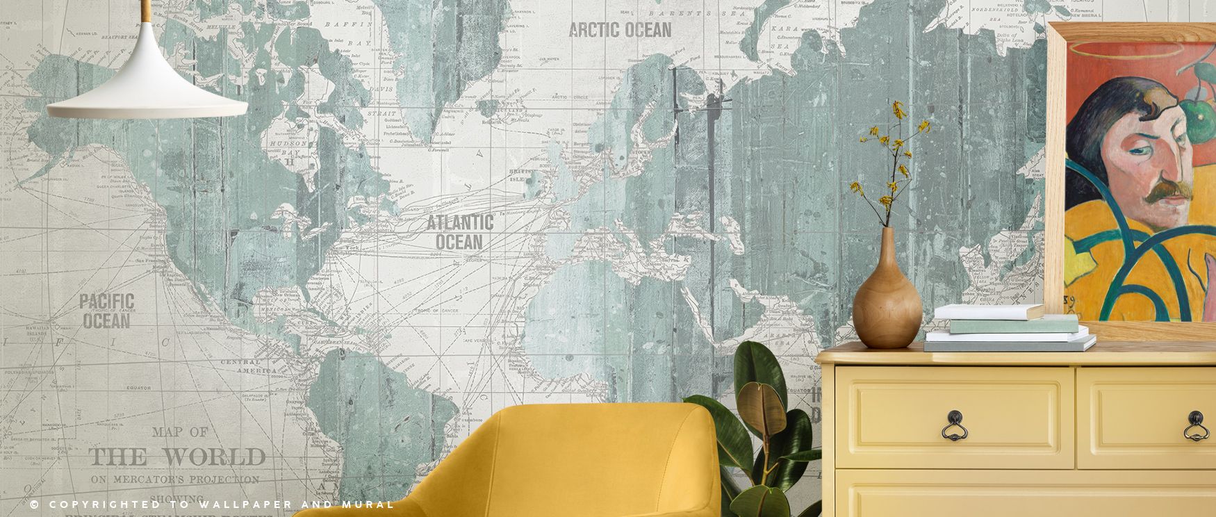 Luminous refinement flows through the Old World Map Mint Gray Wallpaper as vintage tones sustain imagery, enriching restful bedrooms or lively living rooms with atmosphere, cultural resonance, and decorative refinement that glow with balance. 
