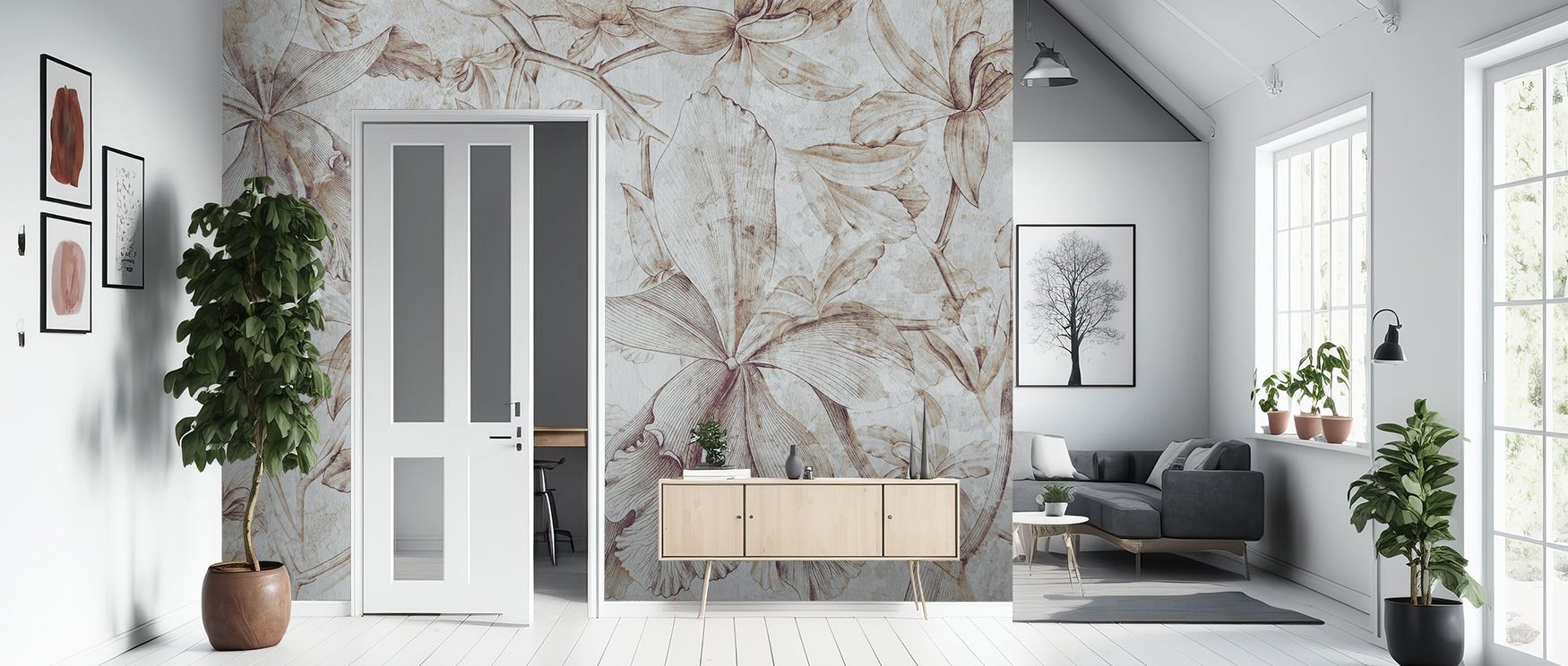 Delicate repetition in Orchids Sketch Wallpaper transforms spaces with flowing energy, echoing creative sketches that blend modern artistry with calm. The orchids appear alive yet serene, ideal for interiors where relaxation meets refined presence in bedr