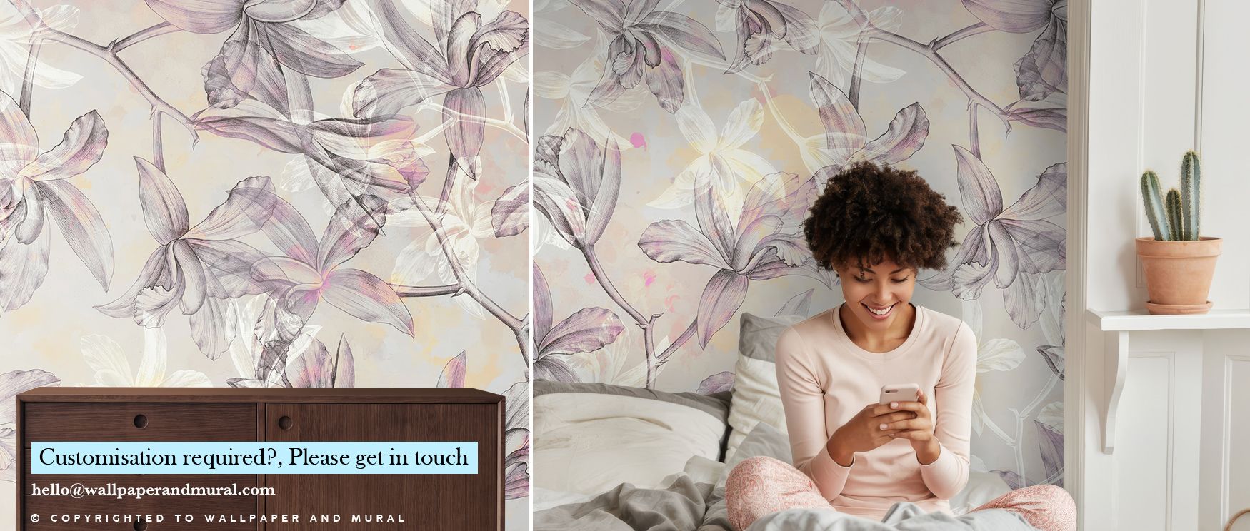 Blossoms portrayed in Purple Orchids on Water Wallpaper radiate luminous charm against subtle ripples. Each petal conveys elegance within tranquil flow, adding quiet drama to interiors designed for bedrooms or intimate sitting rooms of restful appeal.
