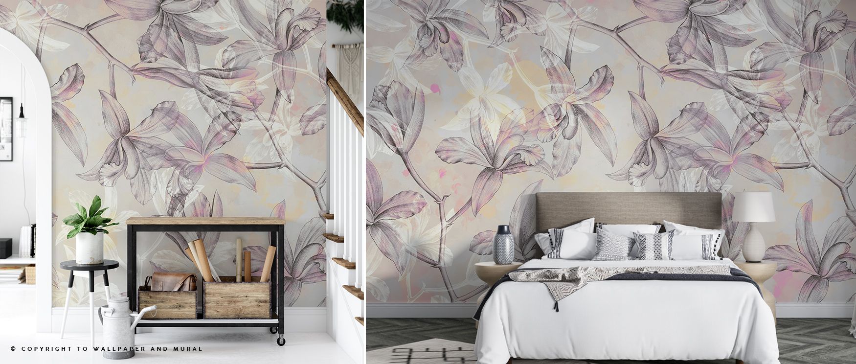 The water beneath orchids in Purple Orchids on Water Wallpaper enhances dimension, reflecting blooms with soft clarity. This creates a layered effect, offering artistic serenity that enriches bedrooms or living rooms with natural rhythm and peaceful charm