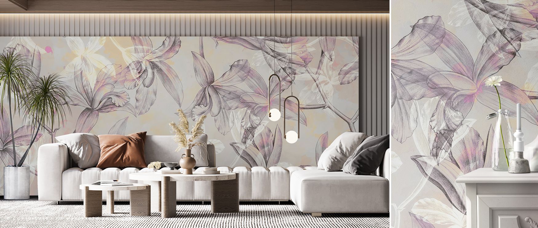 The design of Purple Orchids on Water Wallpaper highlights floating flowers glowing within ripples, harmonizing color and movement. This pattern brings organic stillness and visual grace, fitting perfectly in serene bedrooms or elegant sitting rooms.