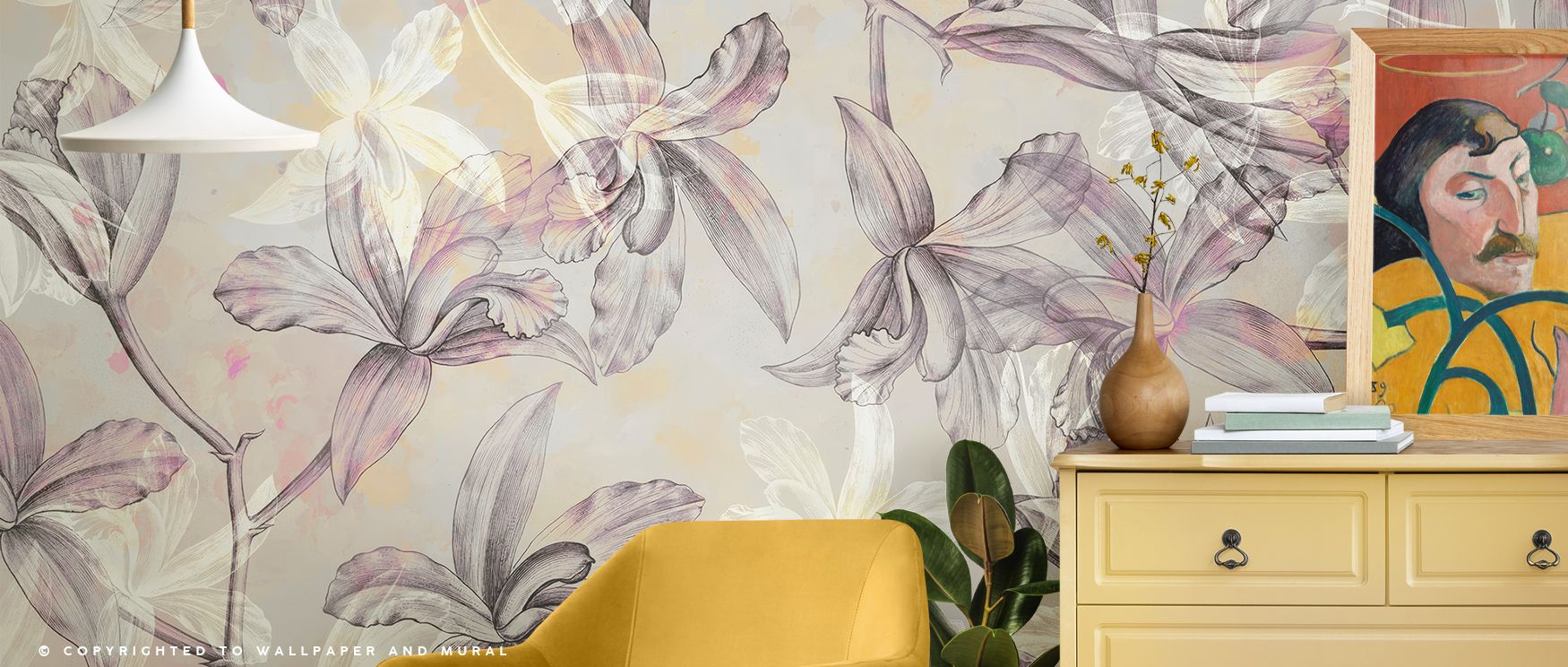 Soft purple hues unfold in Purple Orchids on Water Wallpaper, where orchids glide upon shimmering waters. The contrast between bloom and reflection creates depth, enhancing rooms like bedrooms or living rooms with restorative character.