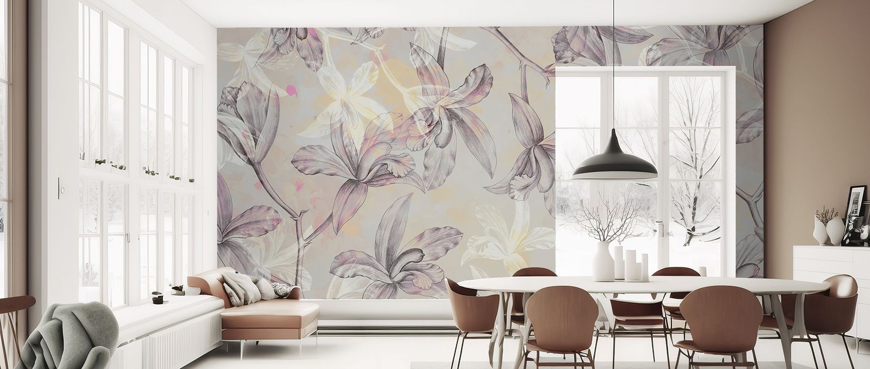 Blooming orchids in Purple Orchids on Water Wallpaper lend floral tranquility across interiors, softened by reflective water patterns. This composition radiates timeless grace, perfect for enhancing restful bedrooms or calm lounge spaces.