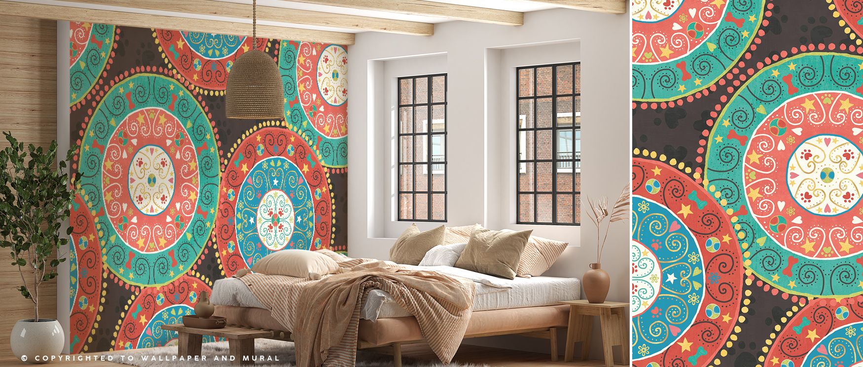 Dark tones emphasize Otomi Dogs VI Dark Wallpaper, where traditional dog patterns emerge with clarity. The design strikes balance between heritage richness and modern taste, bringing warmth and movement to bedrooms or intimate living spaces with folkloric