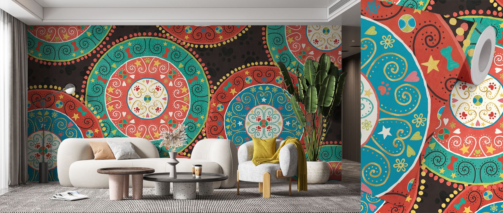 The Otomi Dogs VI Dark Wallpaper radiates depth through shadowed tones and spirited motifs. Its canine figures stand vibrant, transforming walls into cultural statements, enhancing spaces like bedrooms or living rooms with heritage presence and layered de