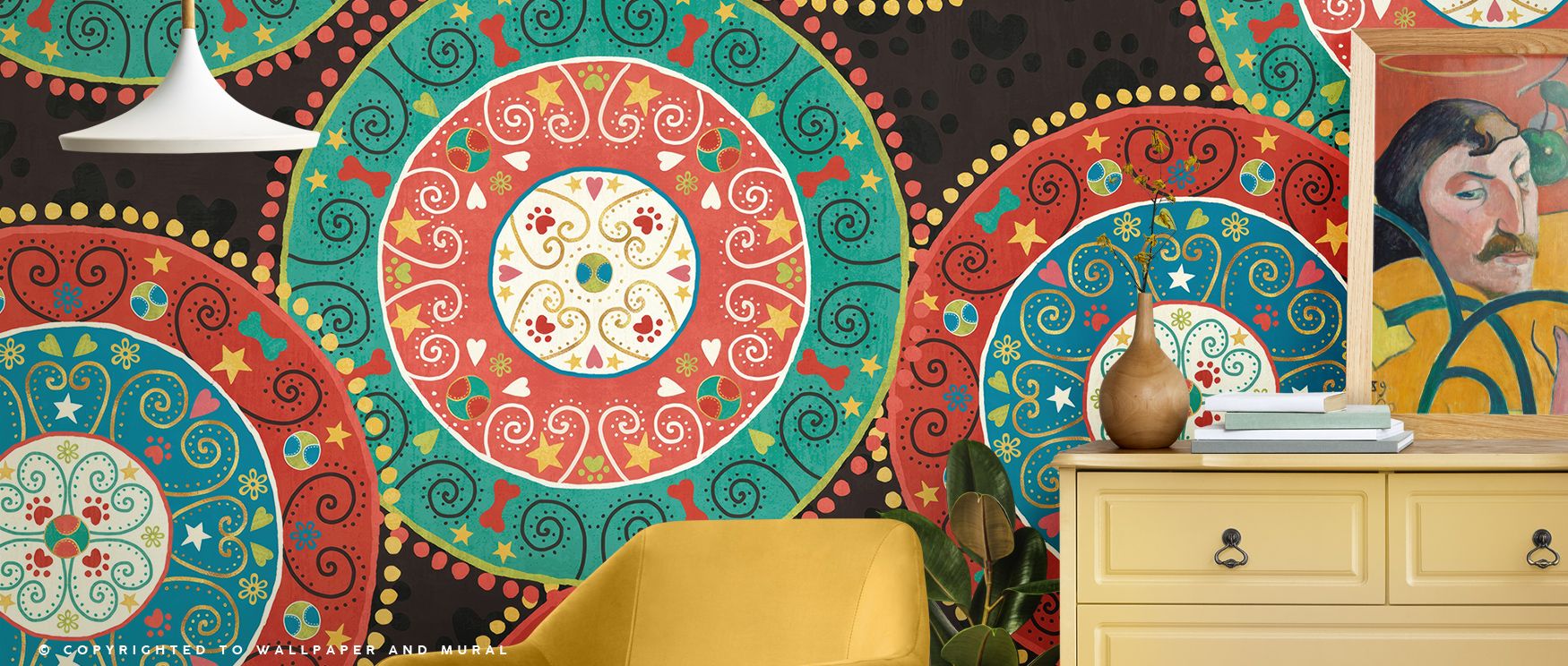 Dynamic motifs within Otomi Dogs VI Dark Wallpaper stand strong against darkened backgrounds, crafting visual harmony. Their symbolic strength enhances interiors with cultural depth, enriching bedrooms or lounges with folkloric beauty and spirited flow.