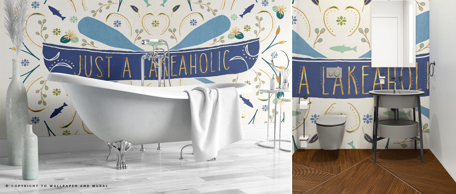 Across Otomi Lake I Wallpaper, whimsical motifs of water and heritage patterns emerge with clarity. The design blends artistry with rhythm, creating interior environments full of cultural energy, perfect for modern bedrooms or dining rooms.