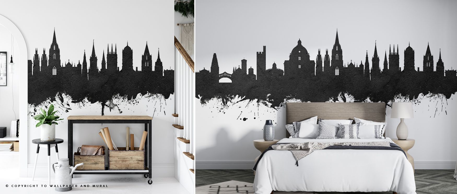 Oxford England Skyline Black & White Wallpaper reveals pure lines of architectural artistry. Each contour reflects history and heritage, offering interiors walls filled with character, suitable for tranquil bedrooms or thoughtful study spaces.