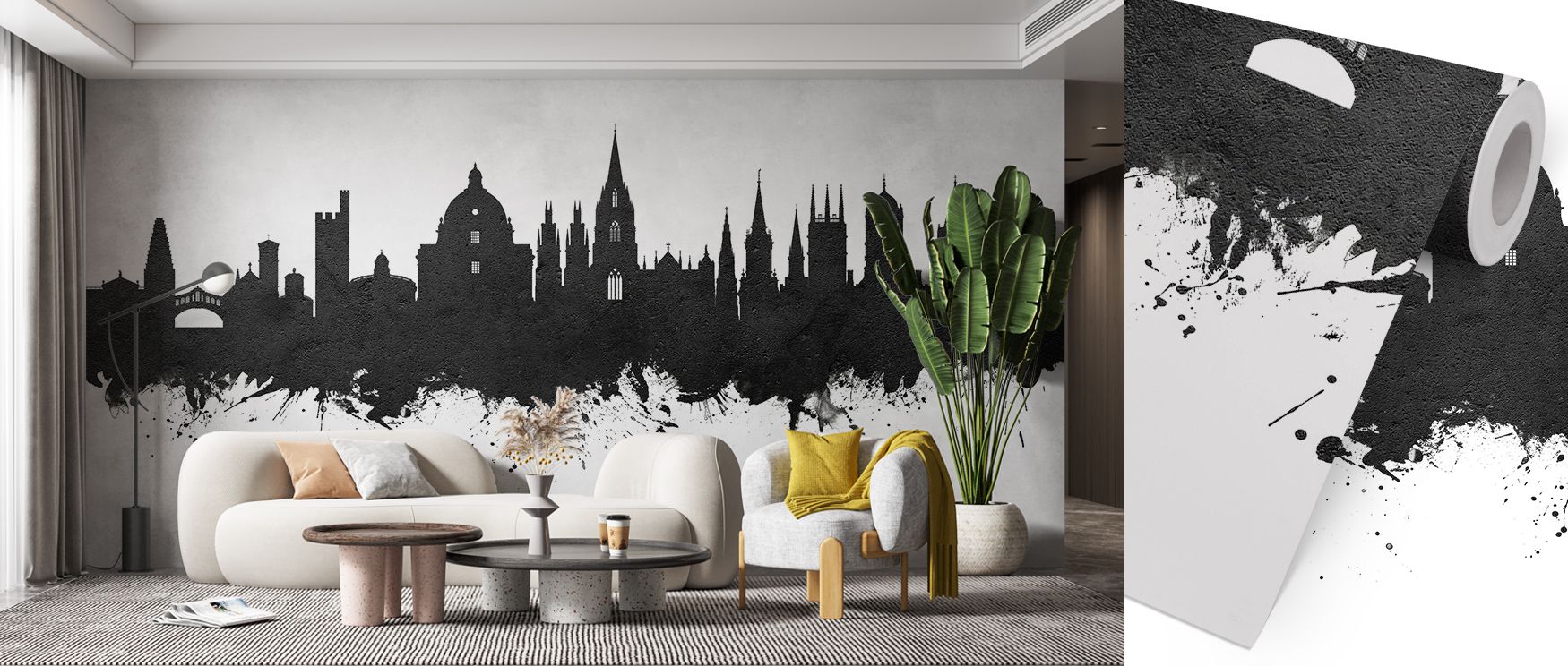 Across Oxford England Skyline Black & White Wallpaper, urban silhouettes repeat in rhythm. The design’s clarity provides timeless elegance, enhancing interiors with depth and presence, fitting for bedrooms or calm office settings.
