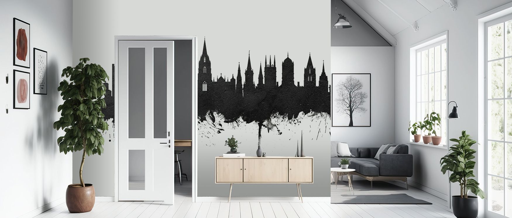 Oxford England Skyline Black & White Wallpaper radiates serenity through black and white contrast. Each building form stands proud, giving interiors both strength and calmness, ideal for bedrooms or elegant office environments.