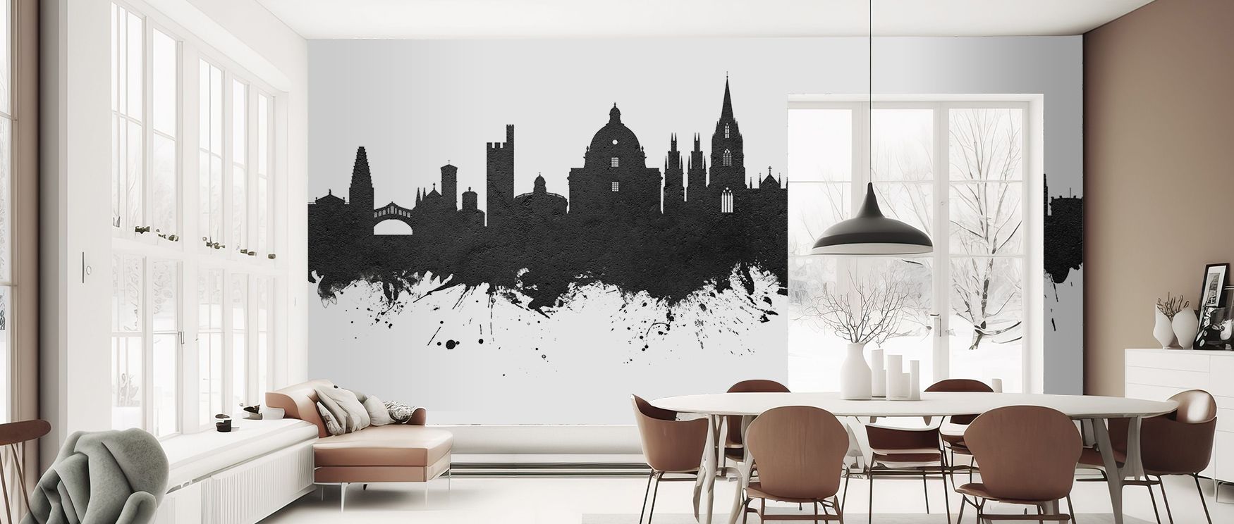 Oxford England Skyline Black & White Wallpaper layers urban rhythm into interiors, with historical towers forming silhouette against pale skies. This design enhances bedrooms or offices with atmosphere of elegance and academic pride.