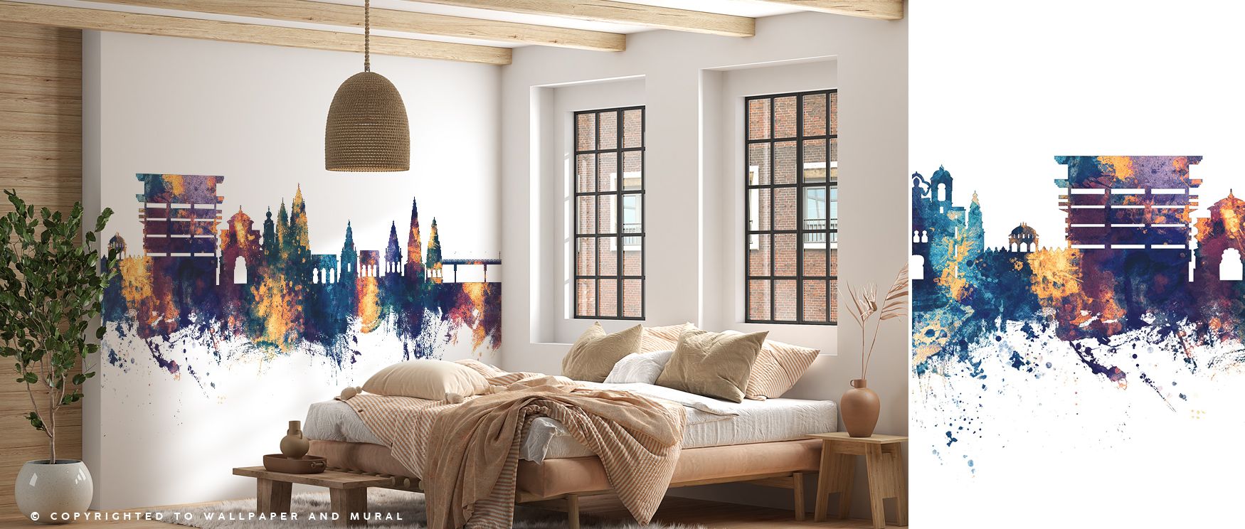 The Pandharpur India Skyline Blue & Bronze Wallpaper captures iconic skyline in layered color harmony. Its luminous presence adds sophistication, bringing warmth and narrative to bedrooms or stylish dining spaces.