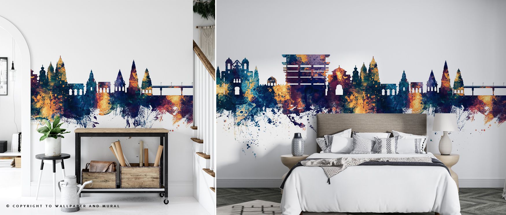 Pandharpur India Skyline Blue & Bronze Wallpaper conveys depth through radiant bronze highlights that frame spires and domes. Each detail enriches walls, offering visual narrative suited for elegant bedrooms or creative living rooms.