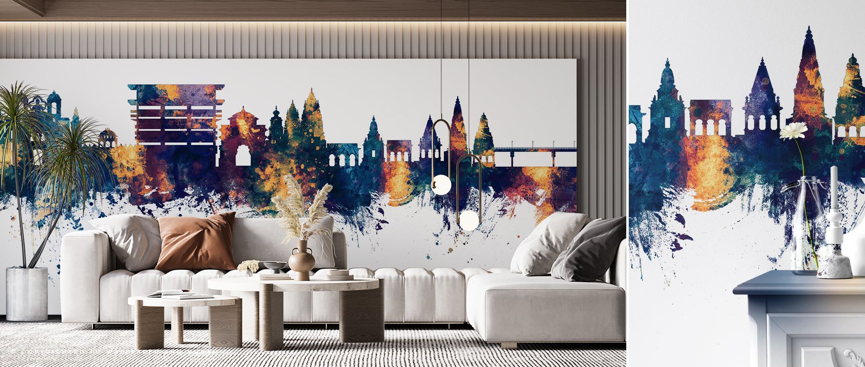 The Pandharpur India Skyline Blue & Bronze Wallpaper reveals architectural beauty through tonal interplay. Blue and bronze blend harmoniously, shaping interiors with narrative suited to bedrooms or dining rooms. 