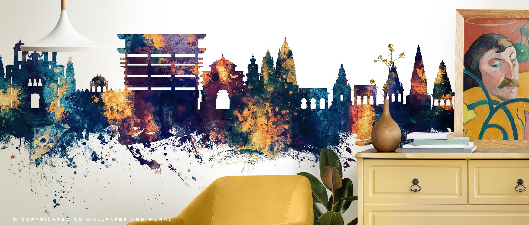 Pandharpur India Skyline Blue & Bronze Wallpaper celebrates architectural strength in luminous detail. Towers rise across color layers, infusing interiors with balance and artistry perfect for bedrooms or modern lounges.